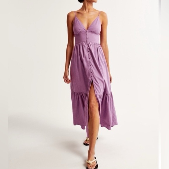 Abercrombie & Fitch Purple Lilac Linen Blend Button Down V Neck Maxi Dress Small - Picture 4 of 10